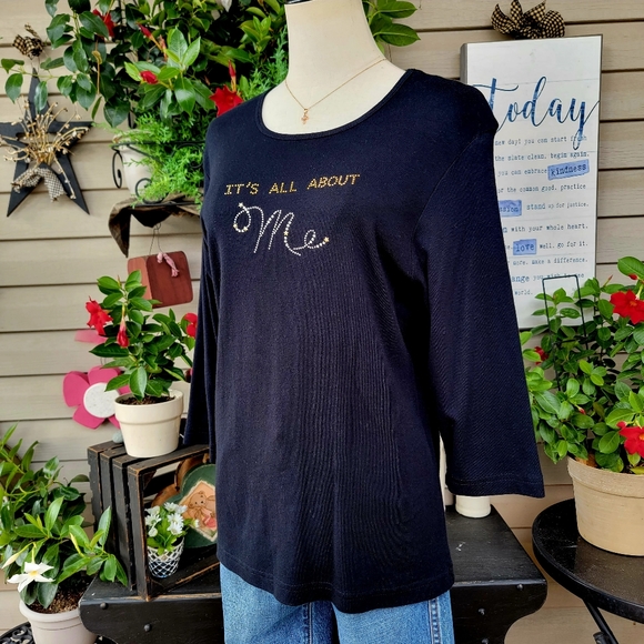 CACTUS BAY ♡ Black w/Silver 'n Gold Embellished Bling "IT'S ALL ABOUT Me" Top L - Picture 5 of 11